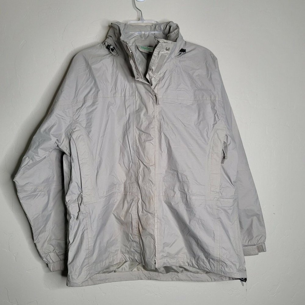 Magellans Womens Jacket Travel Gear Size L Khaki Hooded Zip Pockets and Vent